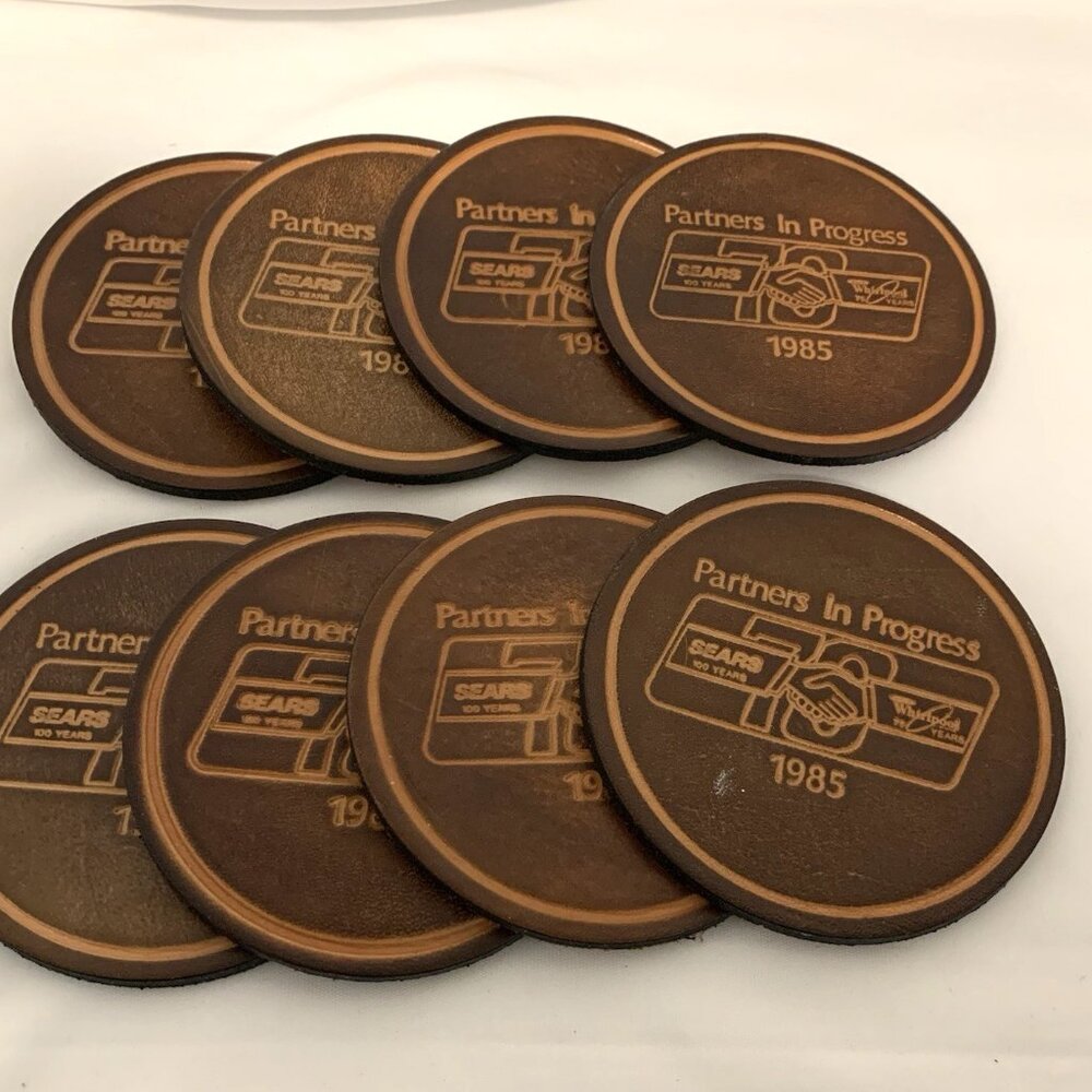 Vtg 1985 Set of 8 'Partners In Progress' Sears & Whirlpool 75 Leather Coasters